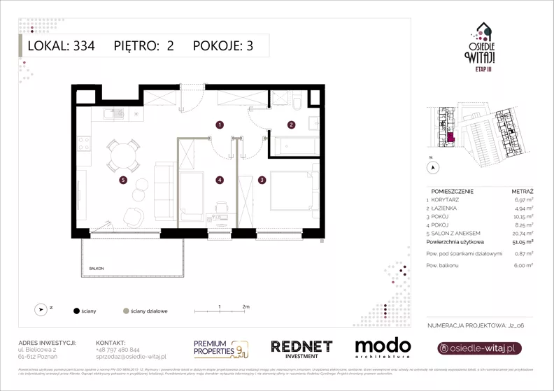 3 pokoje, mieszkanie 51,05 m², piętro 2, oferta nr K334, Osiedle Witaj etap III, Poznań, Naramowice, ul. Bielicowa