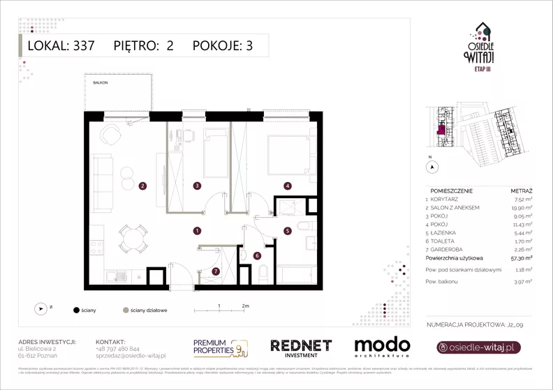 3 pokoje, mieszkanie 57,30 m², piętro 2, oferta nr K337, Osiedle Witaj etap III, Poznań, Naramowice, ul. Bielicowa
