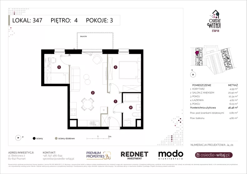 3 pokoje, mieszkanie 46,48 m², piętro 4, oferta nr K347, Osiedle Witaj etap III, Poznań, Naramowice, ul. Bielicowa