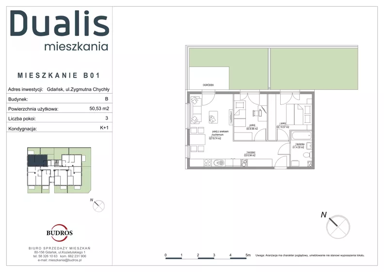 3 pokoje, mieszkanie 50,53 m², parter, oferta nr B01, Dualis - budynek B, Gdańsk, Orunia Górna-Gdańsk Południe, ul. Zygmunta Chychły