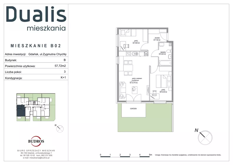 3 pokoje, mieszkanie 57,72 m², parter, oferta nr B02, Dualis - budynek B, Gdańsk, Orunia Górna-Gdańsk Południe, ul. Zygmunta Chychły