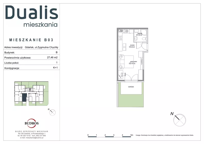 1 pokój, mieszkanie 27,46 m², parter, oferta nr B03, Dualis - budynek B, Gdańsk, Orunia Górna-Gdańsk Południe, ul. Zygmunta Chychły