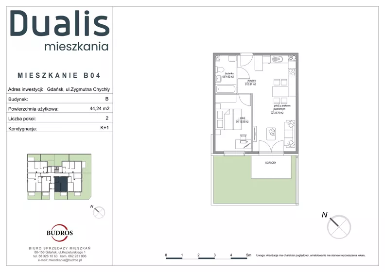 2 pokoje, mieszkanie 44,24 m², parter, oferta nr B04, Dualis - budynek B, Gdańsk, Orunia Górna-Gdańsk Południe, ul. Zygmunta Chychły