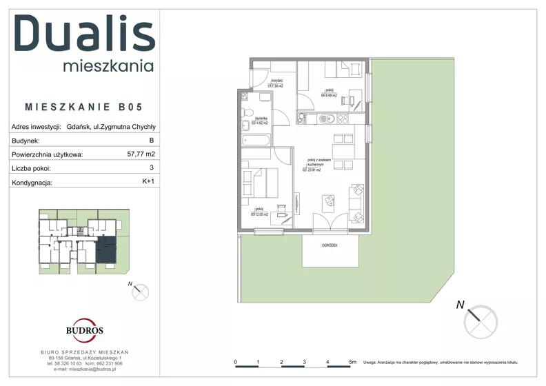 3 pokoje, mieszkanie 57,77 m², parter, oferta nr B05, Dualis - budynek B, Gdańsk, Orunia Górna-Gdańsk Południe, ul. Zygmunta Chychły