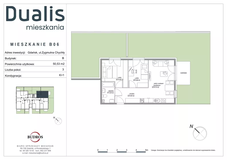 3 pokoje, mieszkanie 50,53 m², parter, oferta nr B06, Dualis - budynek B, Gdańsk, Orunia Górna-Gdańsk Południe, ul. Zygmunta Chychły