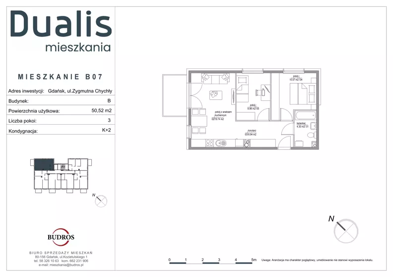 3 pokoje, mieszkanie 50,53 m², piętro 1, oferta nr B07, Dualis - budynek B, Gdańsk, Orunia Górna-Gdańsk Południe, ul. Zygmunta Chychły