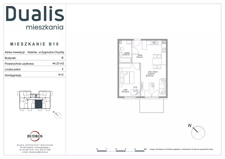 2 pokoje, mieszkanie 44,23 m², piętro 1, oferta nr B10, Dualis - budynek B, Gdańsk, Orunia Górna-Gdańsk Południe, ul. Zygmunta Chychły