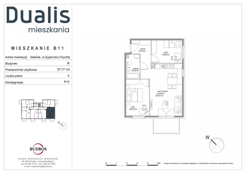 3 pokoje, mieszkanie 57,77 m², piętro 1, oferta nr B11, Dualis - budynek B, Gdańsk, Orunia Górna-Gdańsk Południe, ul. Zygmunta Chychły