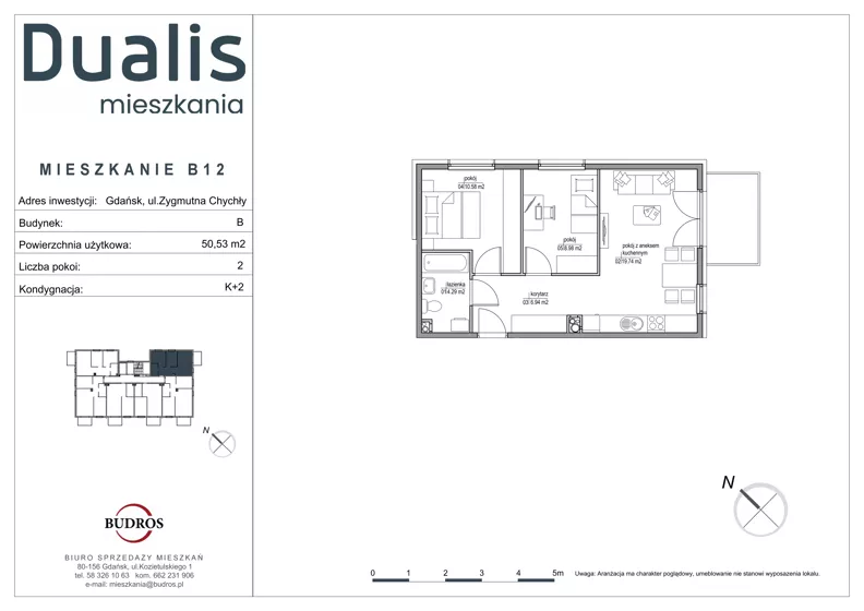 3 pokoje, mieszkanie 50,53 m², piętro 1, oferta nr B12, Dualis - budynek B, Gdańsk, Orunia Górna-Gdańsk Południe, ul. Zygmunta Chychły