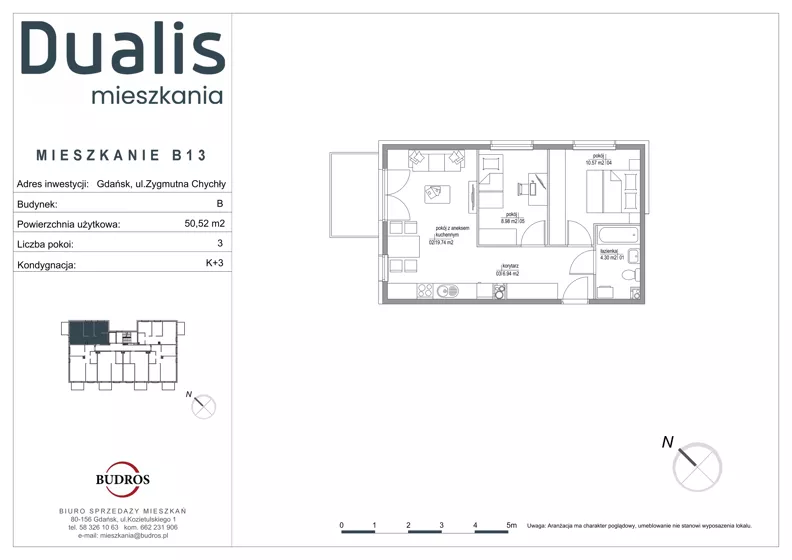 3 pokoje, mieszkanie 50,53 m², piętro 2, oferta nr B13, Dualis - budynek B, Gdańsk, Orunia Górna-Gdańsk Południe, ul. Zygmunta Chychły