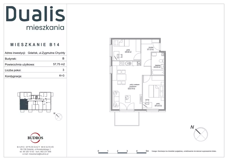 3 pokoje, mieszkanie 57,75 m², piętro 2, oferta nr B14, Dualis - budynek B, Gdańsk, Orunia Górna-Gdańsk Południe, ul. Zygmunta Chychły
