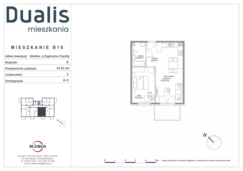 2 pokoje, mieszkanie 44,23 m², piętro 2, oferta nr B16, Dualis - budynek B, Gdańsk, Orunia Górna-Gdańsk Południe, ul. Zygmunta Chychły