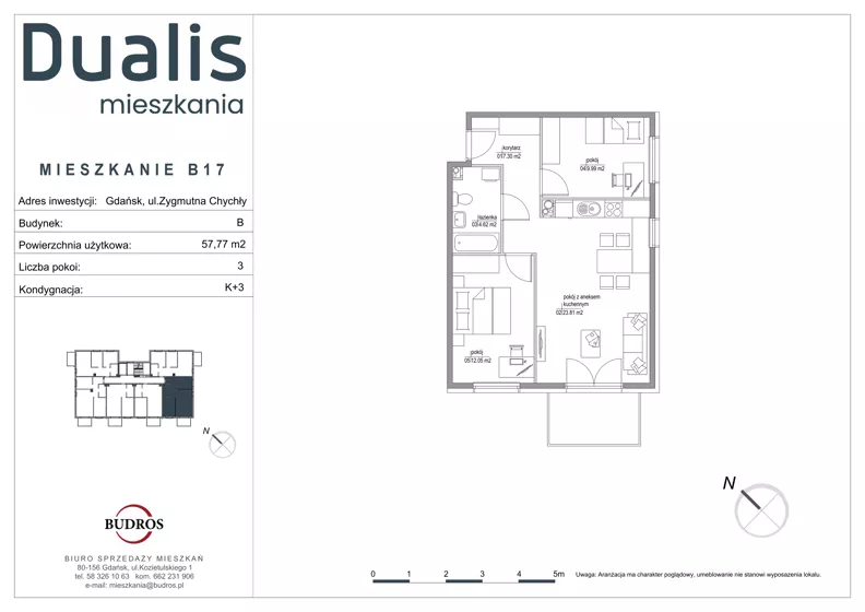3 pokoje, mieszkanie 57,77 m², piętro 2, oferta nr B17, Dualis - budynek B, Gdańsk, Orunia Górna-Gdańsk Południe, ul. Zygmunta Chychły