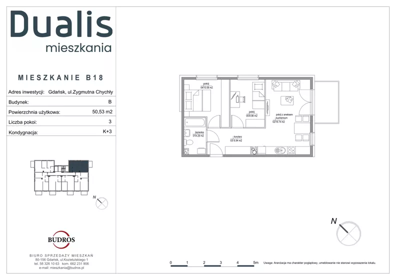 3 pokoje, mieszkanie 50,53 m², piętro 2, oferta nr B18, Dualis - budynek B, Gdańsk, Orunia Górna-Gdańsk Południe, ul. Zygmunta Chychły