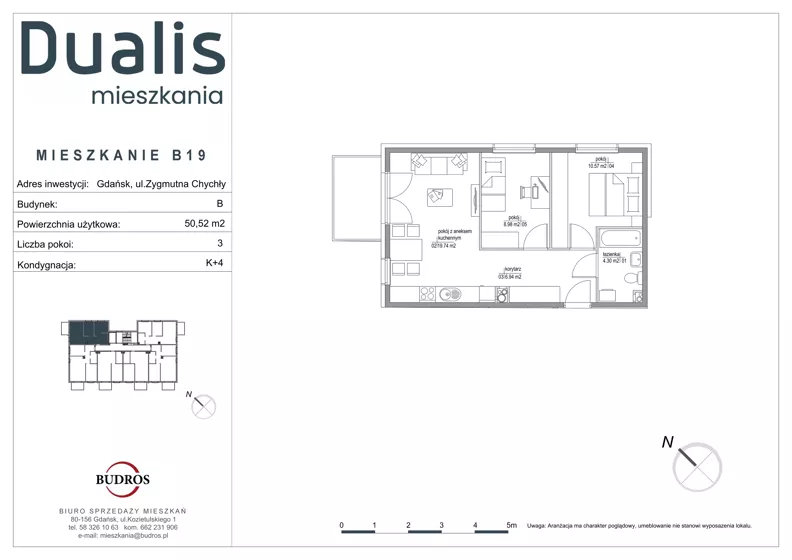 3 pokoje, mieszkanie 50,53 m², piętro 3, oferta nr B19, Dualis - budynek B, Gdańsk, Orunia Górna-Gdańsk Południe, ul. Zygmunta Chychły