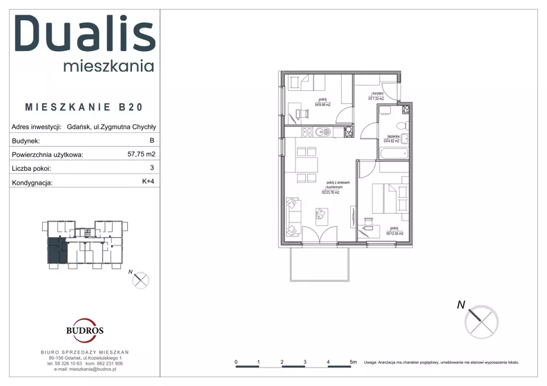 3 pokoje, mieszkanie 57,75 m², piętro 3, oferta nr B20, Dualis - budynek B, Gdańsk, Orunia Górna-Gdańsk Południe, ul. Zygmunta Chychły