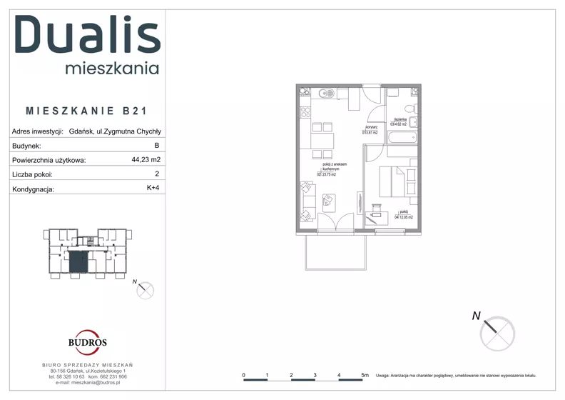 2 pokoje, mieszkanie 44,23 m², piętro 3, oferta nr B21, Dualis - budynek B, Gdańsk, Orunia Górna-Gdańsk Południe, ul. Zygmunta Chychły