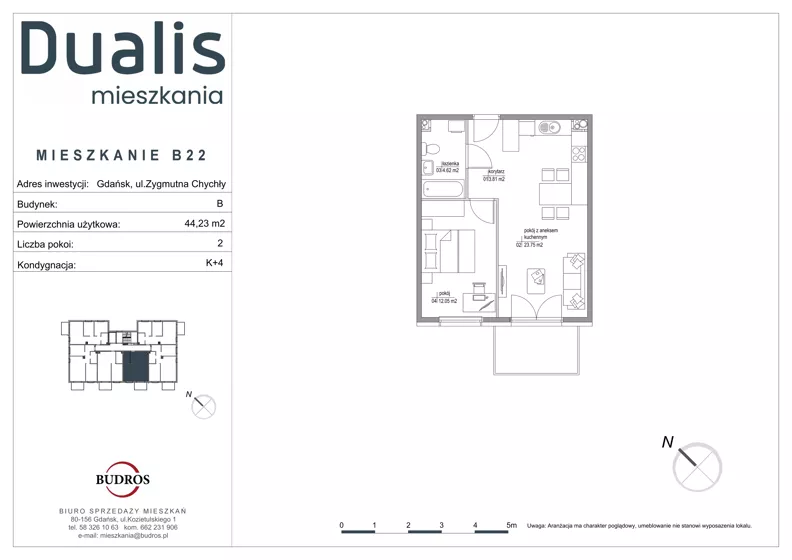 2 pokoje, mieszkanie 44,23 m², piętro 3, oferta nr B22, Dualis - budynek B, Gdańsk, Orunia Górna-Gdańsk Południe, ul. Zygmunta Chychły