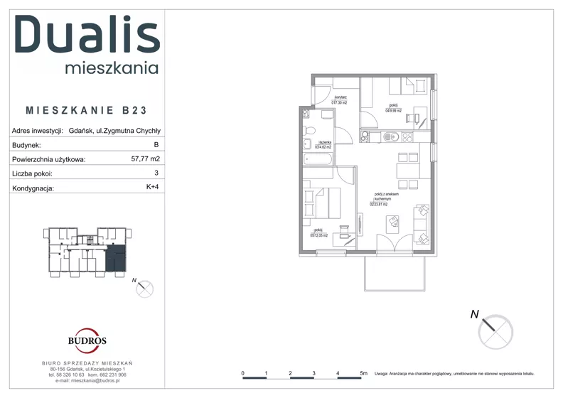 3 pokoje, mieszkanie 57,77 m², piętro 3, oferta nr B23, Dualis - budynek B, Gdańsk, Orunia Górna-Gdańsk Południe, ul. Zygmunta Chychły