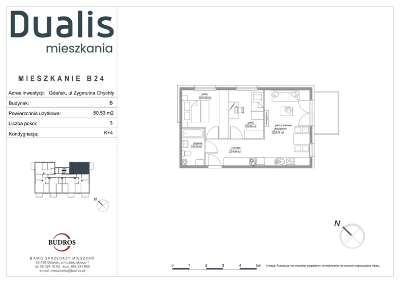 3 pokoje, mieszkanie 50,53 m², piętro 3, oferta nr B24, Dualis - budynek B, Gdańsk, Orunia Górna-Gdańsk Południe, ul. Zygmunta Chychły