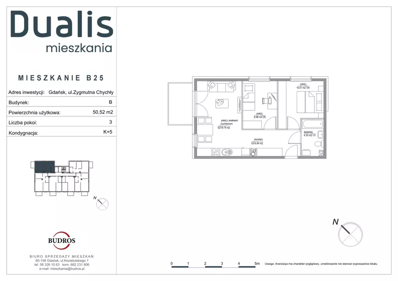 3 pokoje, mieszkanie 50,53 m², piętro 4, oferta nr B25, Dualis - budynek B, Gdańsk, Orunia Górna-Gdańsk Południe, ul. Zygmunta Chychły