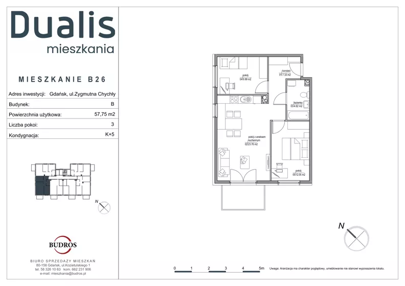 3 pokoje, mieszkanie 57,75 m², piętro 4, oferta nr B26, Dualis - budynek B, Gdańsk, Orunia Górna-Gdańsk Południe, ul. Zygmunta Chychły