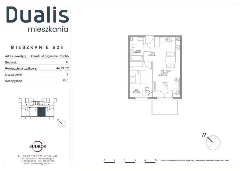2 pokoje, mieszkanie 44,23 m², piętro 4, oferta nr B28, Dualis - budynek B, Gdańsk, Orunia Górna-Gdańsk Południe, ul. Zygmunta Chychły