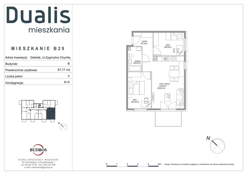 3 pokoje, mieszkanie 57,77 m², piętro 4, oferta nr B29, Dualis - budynek B, Gdańsk, Orunia Górna-Gdańsk Południe, ul. Zygmunta Chychły
