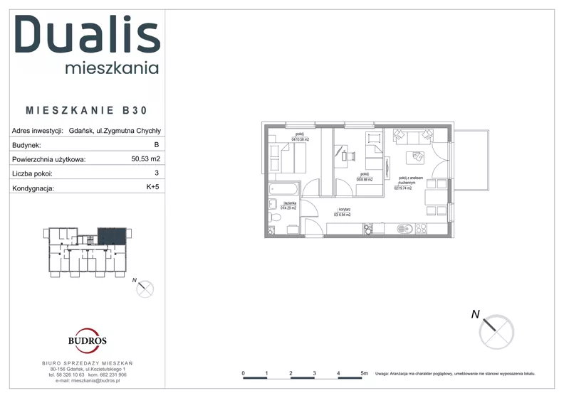 3 pokoje, mieszkanie 50,53 m², piętro 4, oferta nr B30, Dualis - budynek B, Gdańsk, Orunia Górna-Gdańsk Południe, ul. Zygmunta Chychły