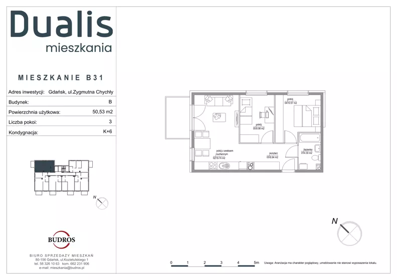 3 pokoje, mieszkanie 50,53 m², piętro 5, oferta nr B31, Dualis - budynek B, Gdańsk, Orunia Górna-Gdańsk Południe, ul. Zygmunta Chychły