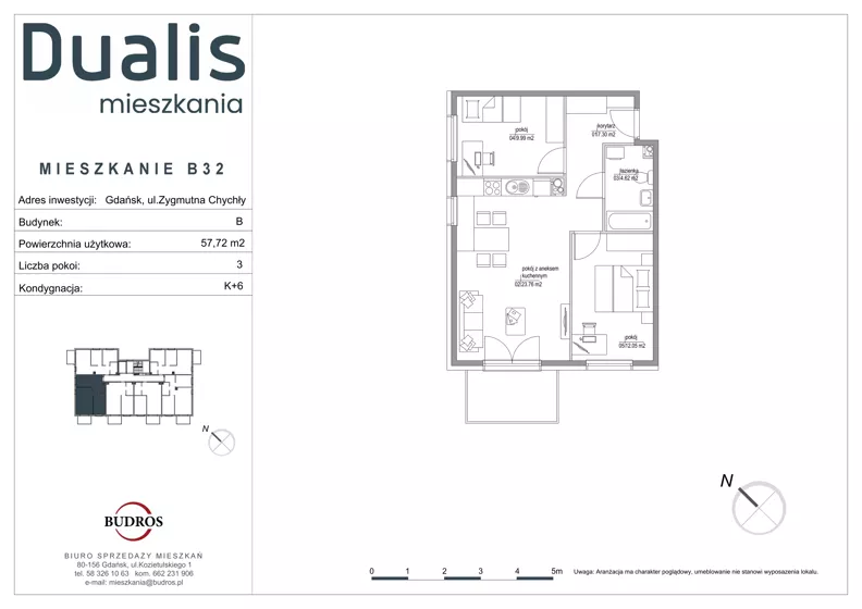 3 pokoje, mieszkanie 57,72 m², piętro 5, oferta nr B32, Dualis - budynek B, Gdańsk, Orunia Górna-Gdańsk Południe, ul. Zygmunta Chychły