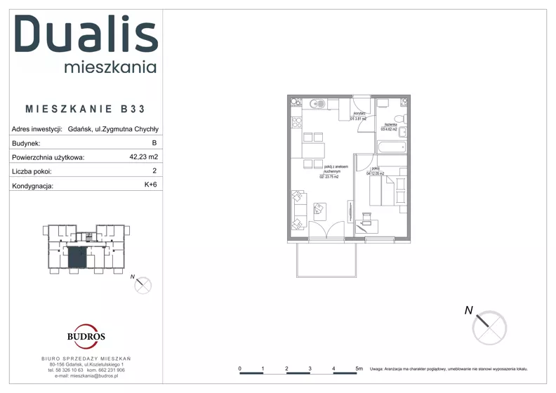 2 pokoje, mieszkanie 44,23 m², piętro 5, oferta nr B33, Dualis - budynek B, Gdańsk, Orunia Górna-Gdańsk Południe, ul. Zygmunta Chychły