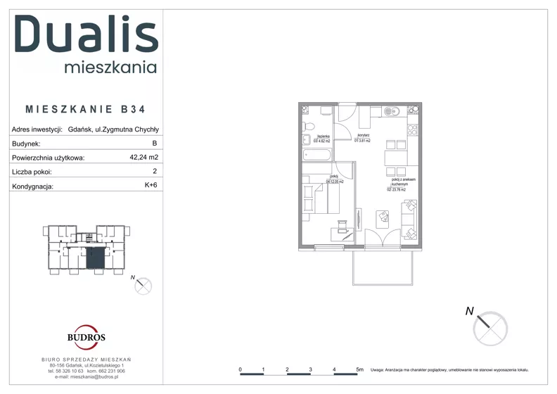 2 pokoje, mieszkanie 44,24 m², piętro 5, oferta nr B34, Dualis - budynek B, Gdańsk, Orunia Górna-Gdańsk Południe, ul. Zygmunta Chychły