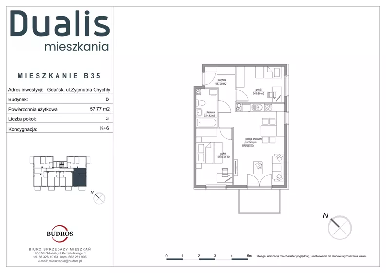 3 pokoje, mieszkanie 57,77 m², piętro 5, oferta nr B35, Dualis - budynek B, Gdańsk, Orunia Górna-Gdańsk Południe, ul. Zygmunta Chychły