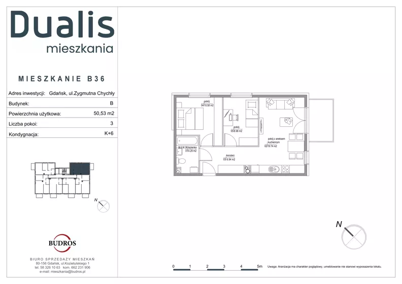 3 pokoje, mieszkanie 50,53 m², piętro 5, oferta nr B36, Dualis - budynek B, Gdańsk, Orunia Górna-Gdańsk Południe, ul. Zygmunta Chychły