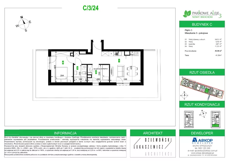 3 pokoje, mieszkanie 45,50 m², piętro 3, oferta nr C.3.24, Osiedle Parkowe Aleje etap III, Wrocław, Brochów, Krzyki, ul. Syryjska