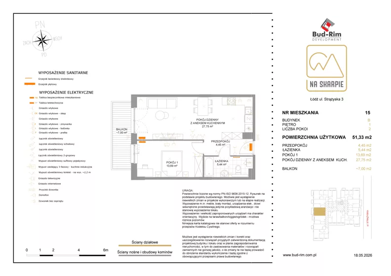 2 pokoje, mieszkanie 51,33 m², piętro 1, oferta nr 15, Na Skarpie II, Łódź, Widzew, Sikawa, ul. Strążyska