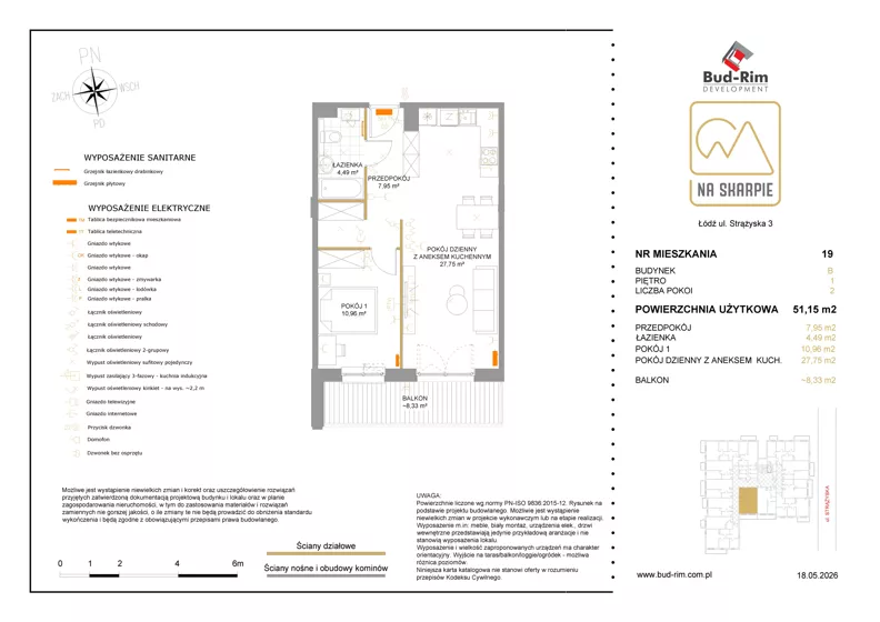 2 pokoje, mieszkanie 51,15 m², piętro 1, oferta nr 19, Na Skarpie II, Łódź, Widzew, Sikawa, ul. Strążyska