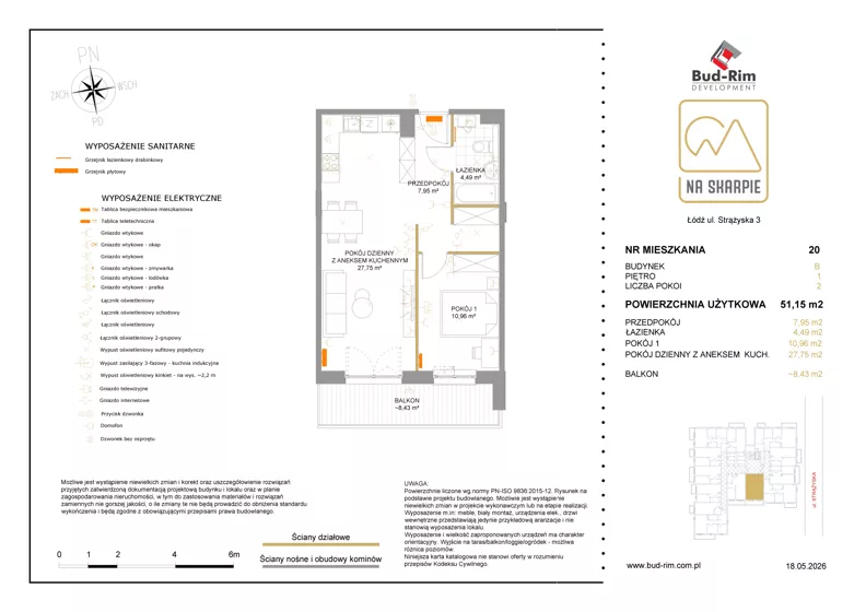 2 pokoje, mieszkanie 51,15 m², piętro 1, oferta nr 20, Na Skarpie II, Łódź, Widzew, Sikawa, ul. Strążyska