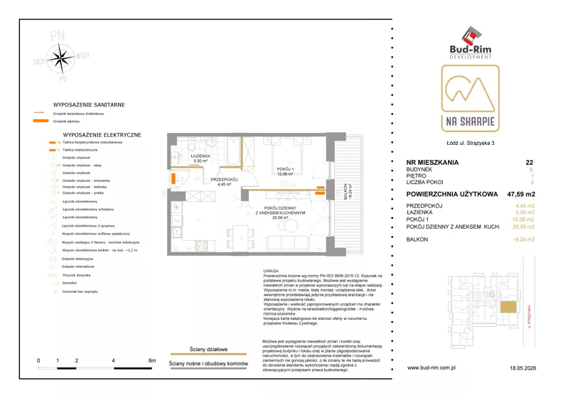 2 pokoje, mieszkanie 47,59 m², piętro 1, oferta nr 22, Na Skarpie II, Łódź, Widzew, Sikawa, ul. Strążyska