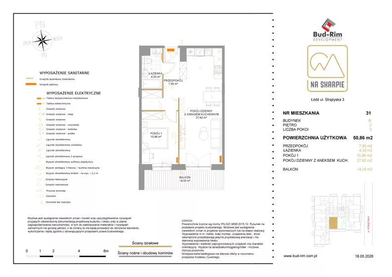 2 pokoje, mieszkanie 50,86 m², piętro 2, oferta nr 31, Na Skarpie II, Łódź, Widzew, Sikawa, ul. Strążyska