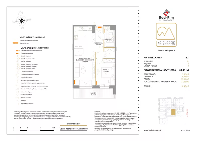 2 pokoje, mieszkanie 50,86 m², piętro 2, oferta nr 32, Na Skarpie II, Łódź, Widzew, Sikawa, ul. Strążyska