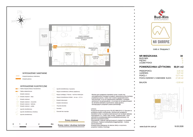 2 pokoje, mieszkanie 50,91 m², piętro 3, oferta nr 38, Na Skarpie II, Łódź, Widzew, Sikawa, ul. Strążyska