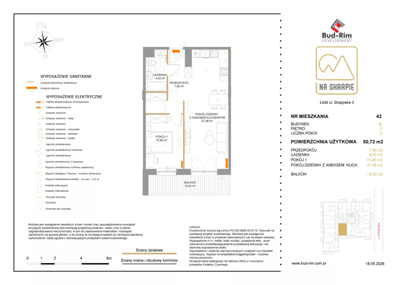 2 pokoje, mieszkanie 50,72 m², piętro 3, oferta nr 43, Na Skarpie II, Łódź, Widzew, Sikawa, ul. Strążyska