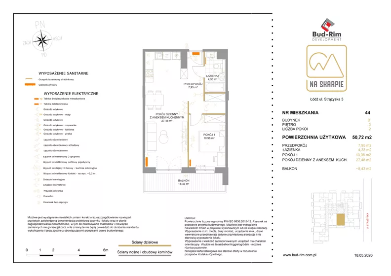 2 pokoje, mieszkanie 50,72 m², piętro 3, oferta nr 44, Na Skarpie II, Łódź, Widzew, Sikawa, ul. Strążyska