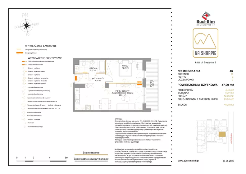 2 pokoje, mieszkanie 47,09 m², piętro 3, oferta nr 46, Na Skarpie II, Łódź, Widzew, Sikawa, ul. Strążyska