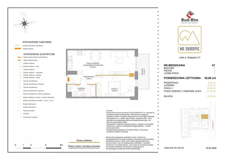 2 pokoje, mieszkanie 50,89 m², piętro 3, oferta nr 47, Na Skarpie II, Łódź, Widzew, Sikawa, ul. Strążyska