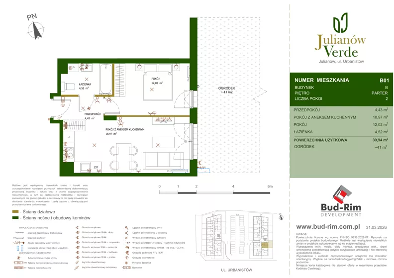 2 pokoje, mieszkanie 39,94 m², parter, oferta nr 1, Julianów Verde II, Julianów, ul. Urbanistów