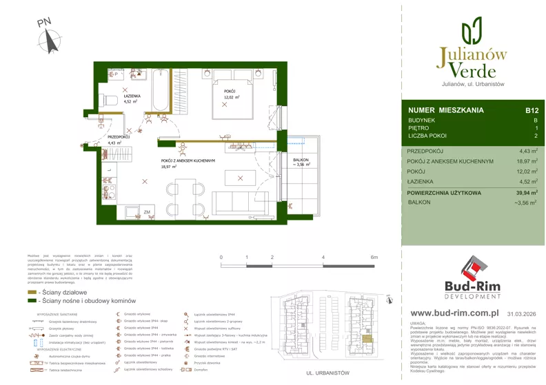 2 pokoje, mieszkanie 39,94 m², piętro 1, oferta nr 12, Julianów Verde II, Julianów, ul. Urbanistów
