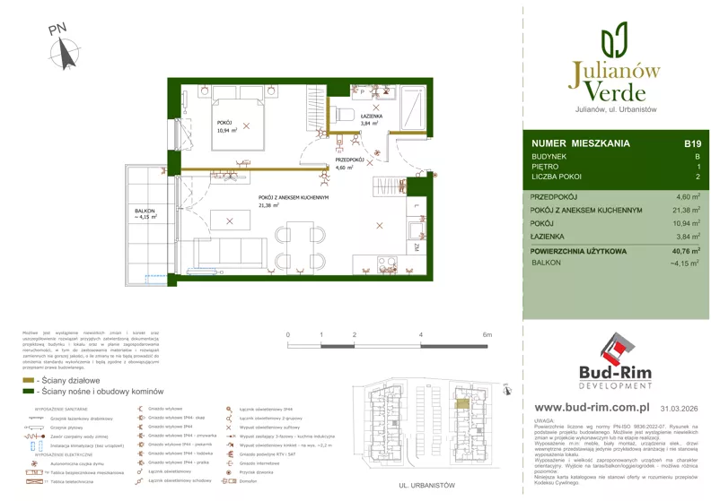 2 pokoje, mieszkanie 40,76 m², piętro 1, oferta nr 19, Julianów Verde II, Julianów, ul. Urbanistów